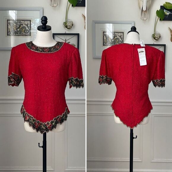 NWT NOS Laurence Kazar Beaded Sequin Short Sleeve Silk Top Red L - Picture 1 of 9
